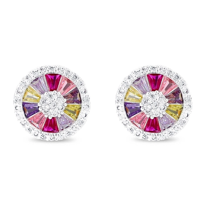 Brinco De Prata Leve Top Redondo Com Zircônias Coloridas