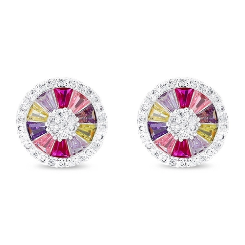 Brinco De Prata Leve Top Redondo Com Zircônias Coloridas
