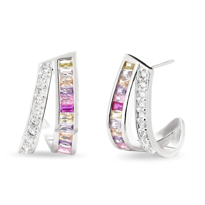 Brinco De Prata Leve Top Com Zircônias Coloridas