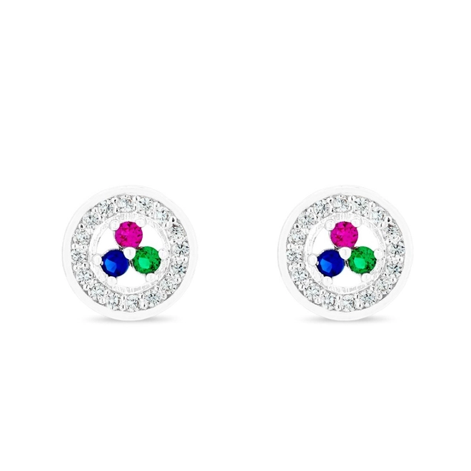 Brinco De Prata Leve Top Redondo com Zircônias Coloridas P