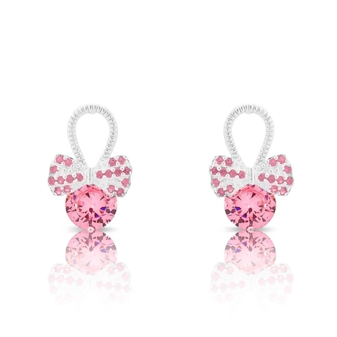 Brinco De Prata Leve Top Vazado com Laço e  Zircônia Rosa