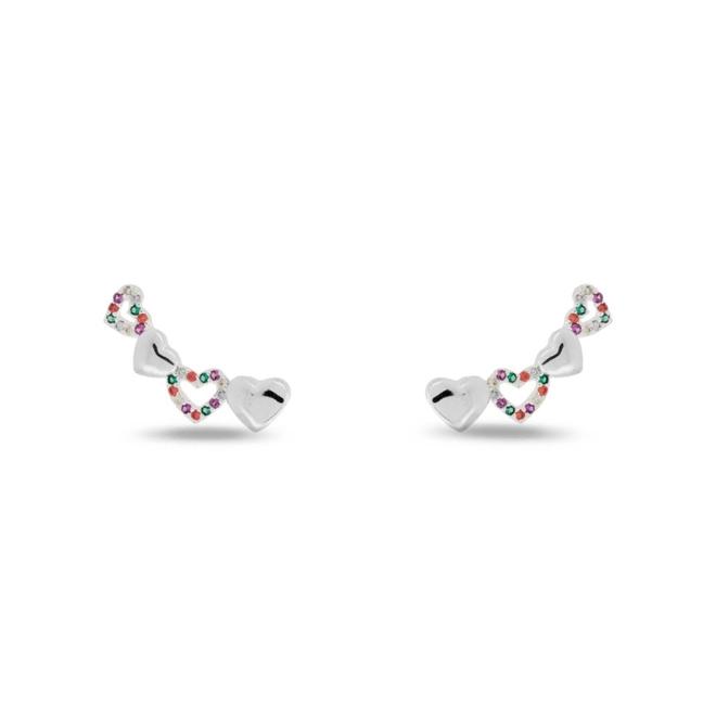 Brinco De Prata Leve Top Quatro Corações Com Zircônias Coloridas