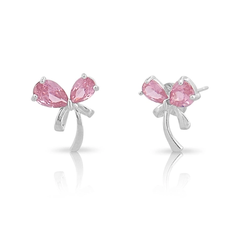 Brinco de Prata Leve Top Laço com Zircônia Rosa