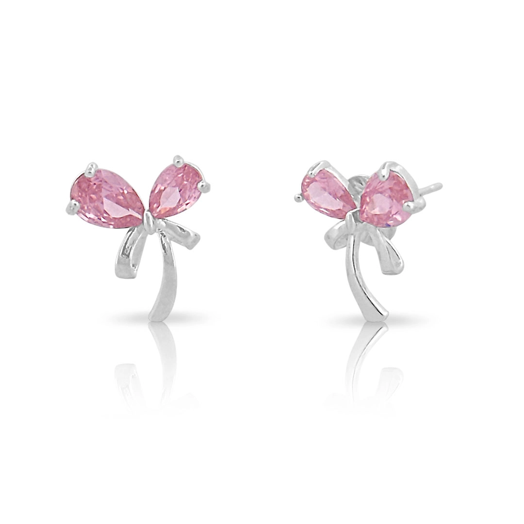 Brinco de Prata Leve Top Laço com Zircônia Rosa