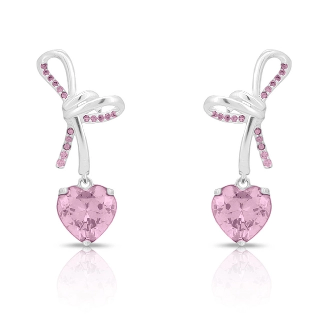 Brinco De Prata Leve Balanço Laço com Zircônia Rosa