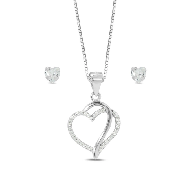 Gargantilha de Prata Symbol Lovers com Brincos Top e Coração de Zircônia Cristal