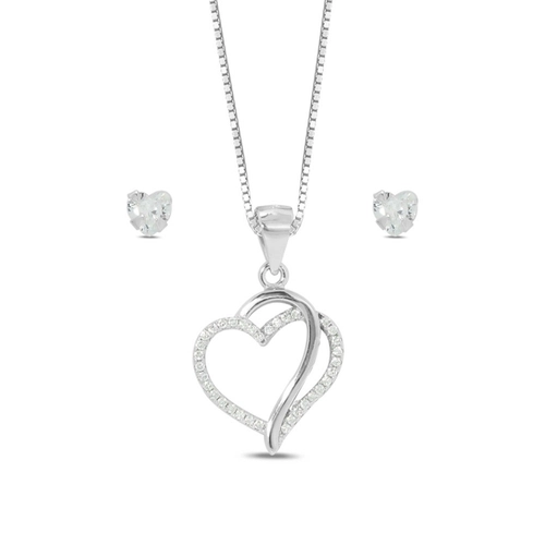 Gargantilha de Prata Symbol Lovers com Brincos Top e Coração de Zircônia Cristal