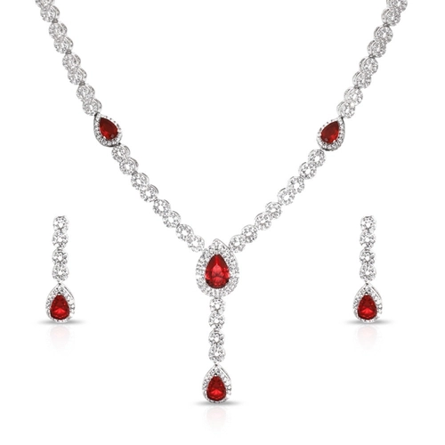 Conjunto em Prata Gota com Zircônia Rubi e Zircônia Cristal