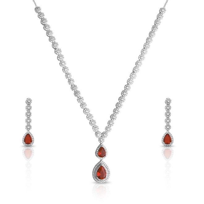 Conjunto em Prata Gotas com Zircônia Rubi
