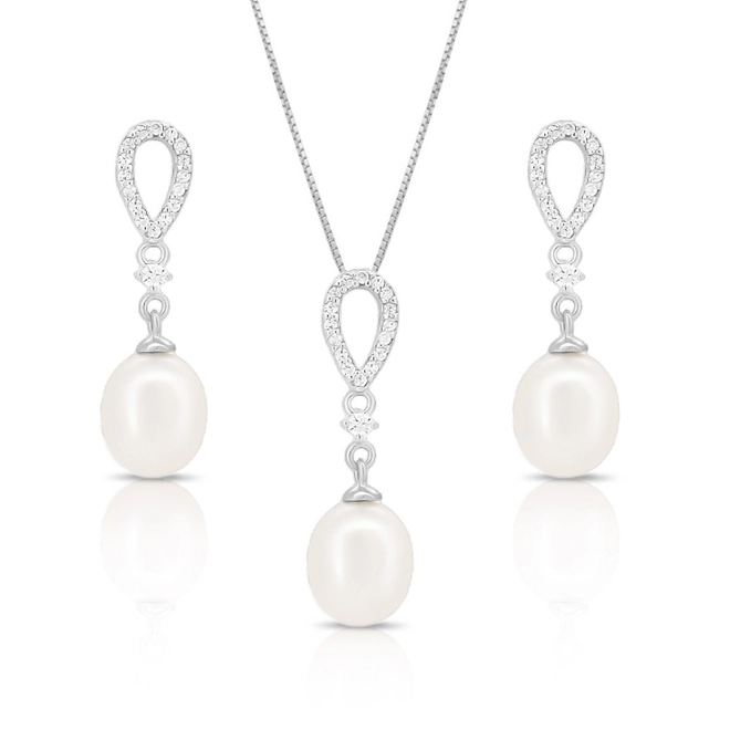 Gargantilha de Prata com Brincos e Pingente com Pérola Biwa e Zircônia Cristal