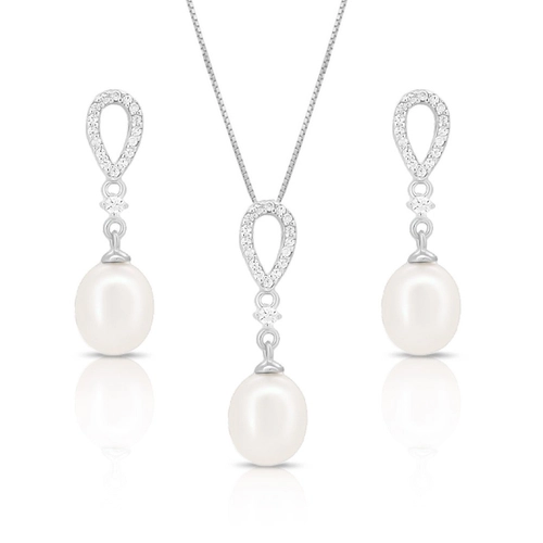 Gargantilha de Prata com Brincos e Pingente com Pérola Biwa e Zircônia Cristal