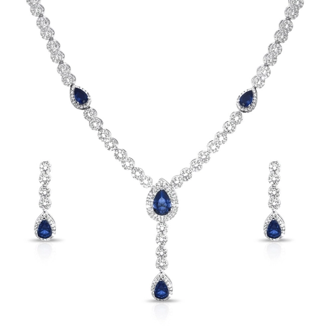 Conjunto em Prata com Infinito e Gota de Zircônia Cristal e Zirconia Safira