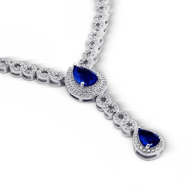 Conjunto em Prata com Infinito e Gota de Zircônia Cristal e Zirconia Safira