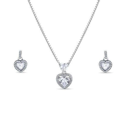 Gargantilha de Prata com Brincos  e Pingente de Coração com Zircônias Cristal
