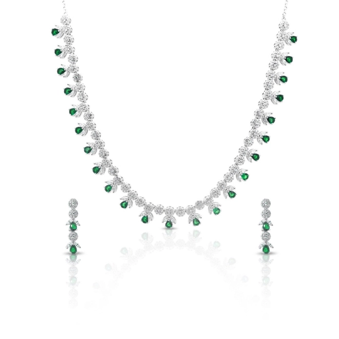 Conjunto em Prata Flores com Zircônia Cristal e Zircônia Esmeralda