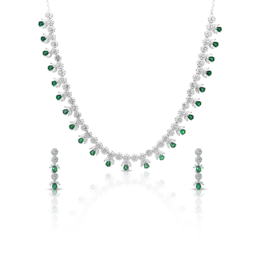 Conjunto em Prata Flores com Zircônia Cristal e Zircônia Esmeralda