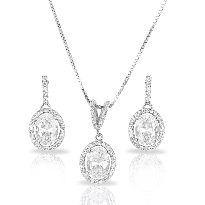 Gargantilha de Prata com Brincos Top e Pingente Oval com Zircônia Cristal
