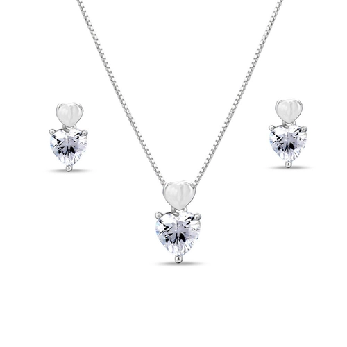 Gargantilha de Prata com Brincos Top e Pingente de Coração com Zircônia Cristal