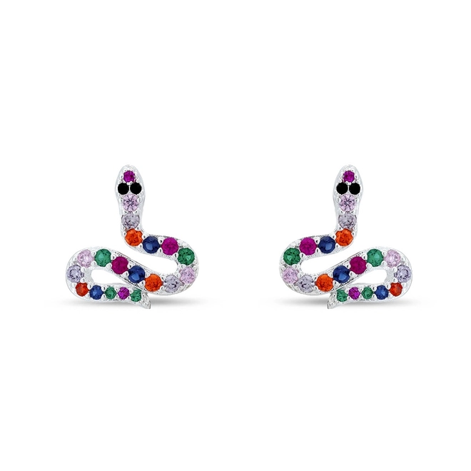 Brinco De Prata Leve Top Cobra com Zircônias Coloridas