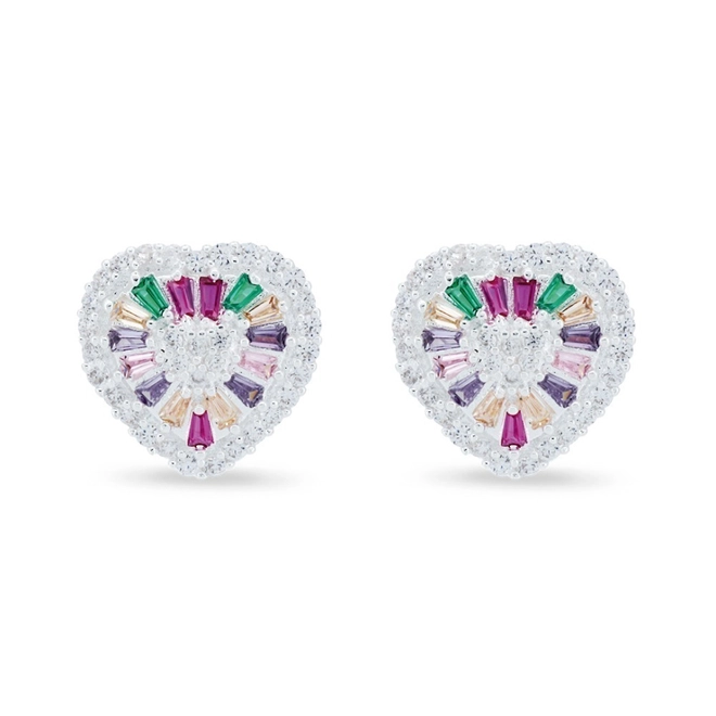 Brinco de Prata Leve Top Coração com Zircônias Coloridas Cravejadas