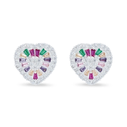 Brinco de Prata Leve Top Coração com Zircônias Coloridas Cravejadas