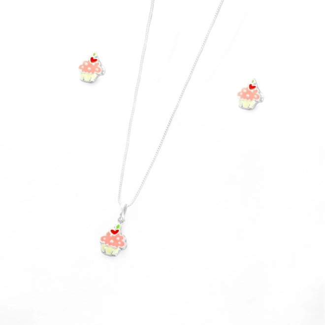 Gargantilha de Prata Leve com Brincos Top Infantil  Cupcake Esmaltado