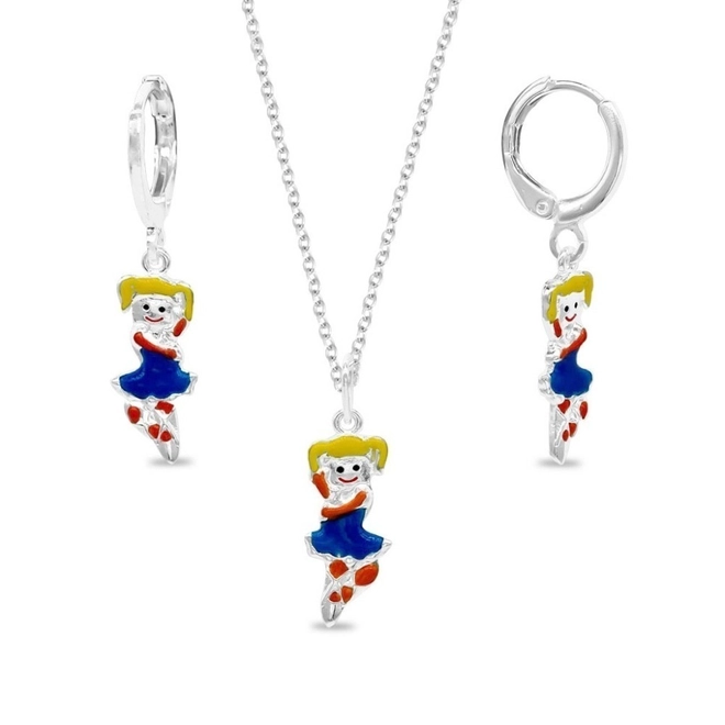 Gargantilha de Prata Leve Infantil Argola com Pingente e Brincos de Menina Colorida e Esmaltada