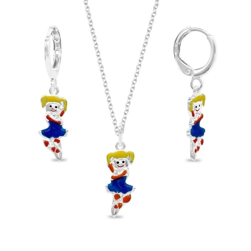 Gargantilha de Prata Leve Infantil Argola com Pingente e Brincos de Menina Colorida e Esmaltada