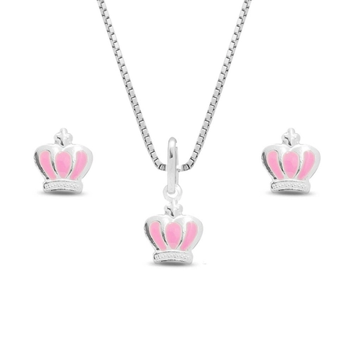 Gargantilha de Prata Infantil com Pingente e Brincos de Coroa Esmaltada