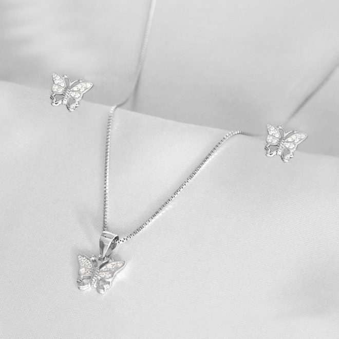 Gargantilha de Prata Top Borboleta com Brincos e Pingente de Zircônia Cristal