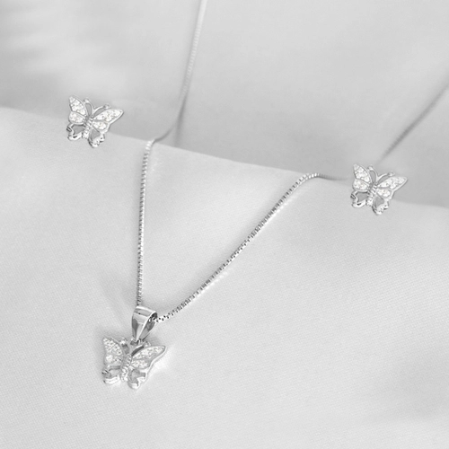 Gargantilha de Prata Top Borboleta com Brincos e Pingente de Zircônia Cristal