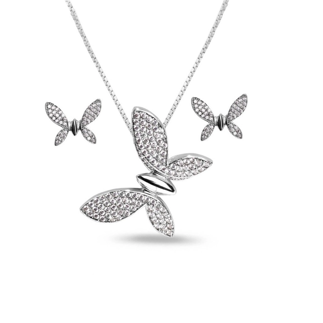 Gargantilha de Prata Top Borboleta com Brincos e Pingente de Zircônia Cristal