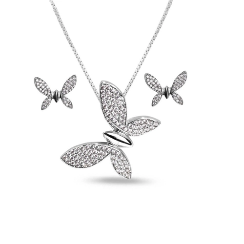 Gargantilha de Prata Top Borboleta com Brincos e Pingente de Zircônia Cristal