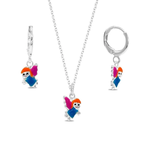 Gargantilha de Prata Leve Infantil Argola com Pingente e Brincos de Fada Colorida e Esmaltada