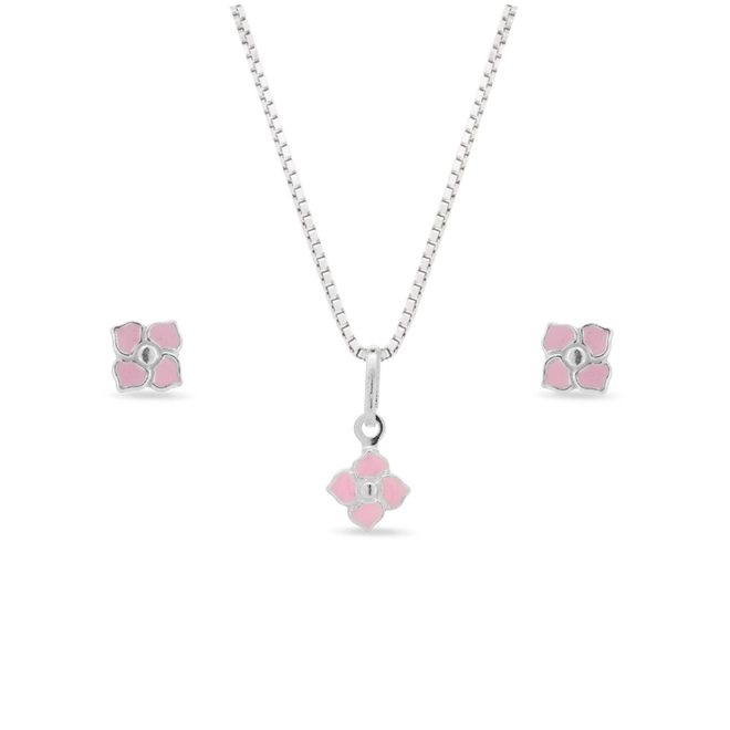 Conjunto de Prata Infantil  Top com Flor Esmaltada Rosa