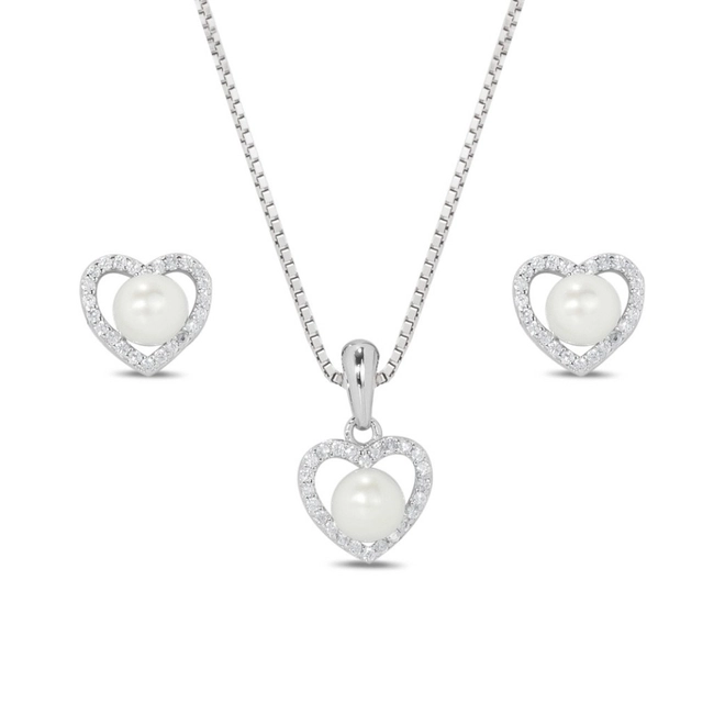 Gargantilha de Prata Top com Brincos e Pingente Coração com Pérola Biwa e Zircônia Cristal