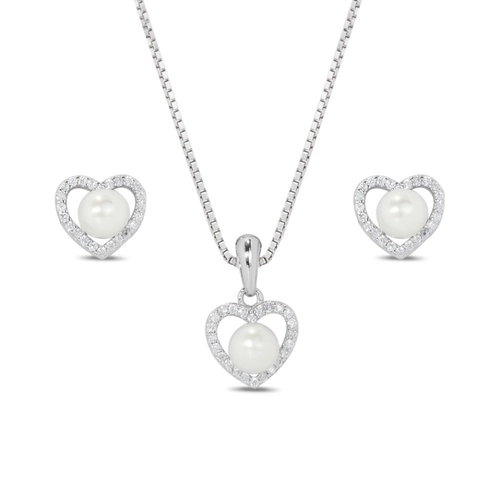 Gargantilha de Prata Top com Brincos e Pingente Coração com Pérola Biwa e Zircônia Cristal