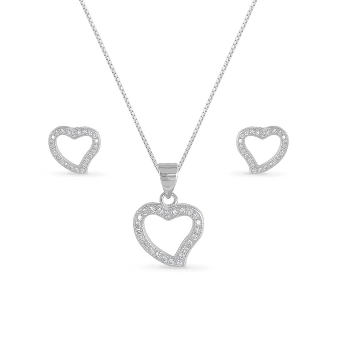 Gargantilha de Prata com Brincos Top e Pingente de Coração com Zircônia Cristal