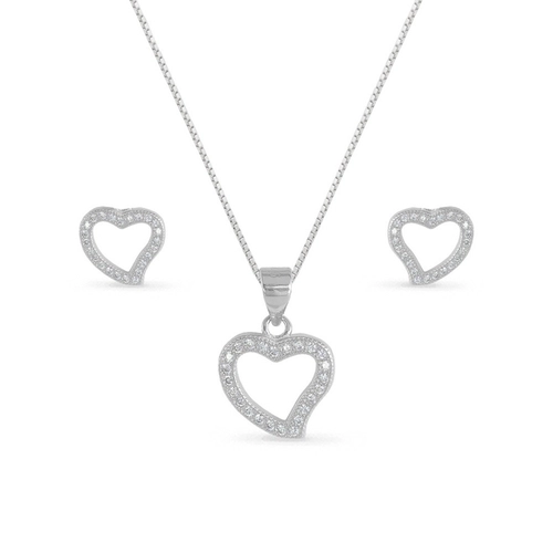 Gargantilha de Prata com Brincos Top e Pingente de Coração com Zircônia Cristal