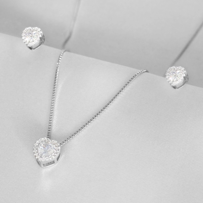 Gargantilha de Prata Top Coração com Brincos e Pingente de Zircônia Cristal