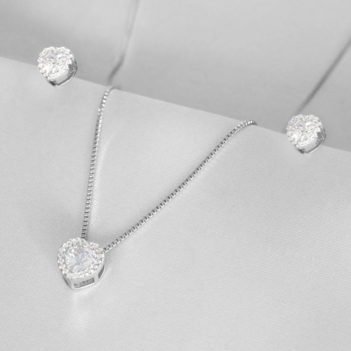 Gargantilha de Prata Top Coração com Brincos e Pingente de Zircônia Cristal