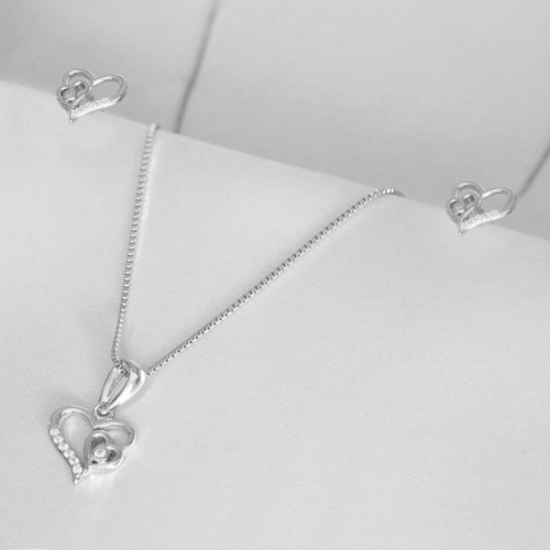Gargantilha de Prata Top Coração Duplo com Brincos e Pingente de Zircônia Cristal