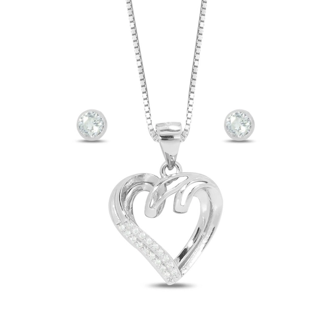 Gargantilha de Prata Symbol Lovers com Brincos Top e Coração Duplo com Zircônia Cristal