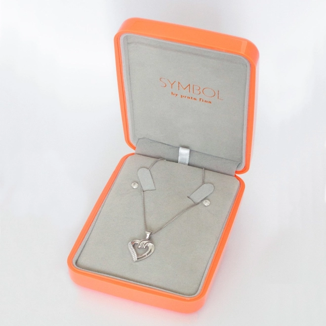 Gargantilha de Prata Symbol Lovers com Brincos Top e Coração Duplo com Zircônia Cristal