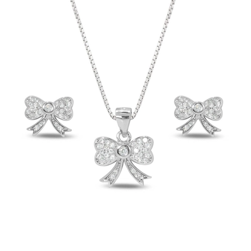 Gargantilha de Prata Top com Brincos e Pingente Laço e Zircônia Cristal