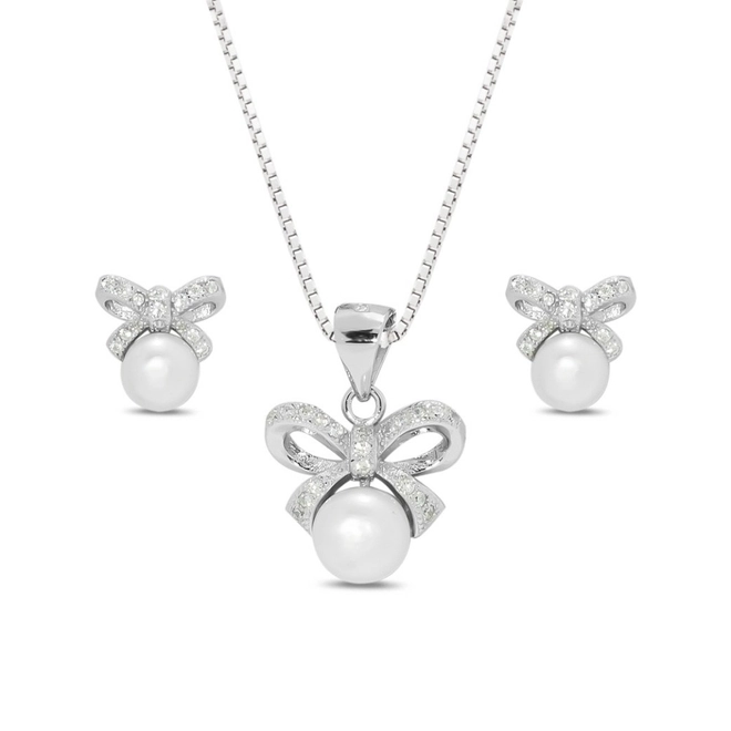 Gargantilha de Prata com Pingente e Brincos de Laço com Pérola Biwa e Zircônia Cristal