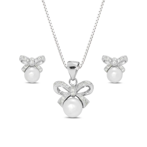 Gargantilha de Prata com Pingente e Brincos de Laço com Pérola Biwa e Zircônia Cristal