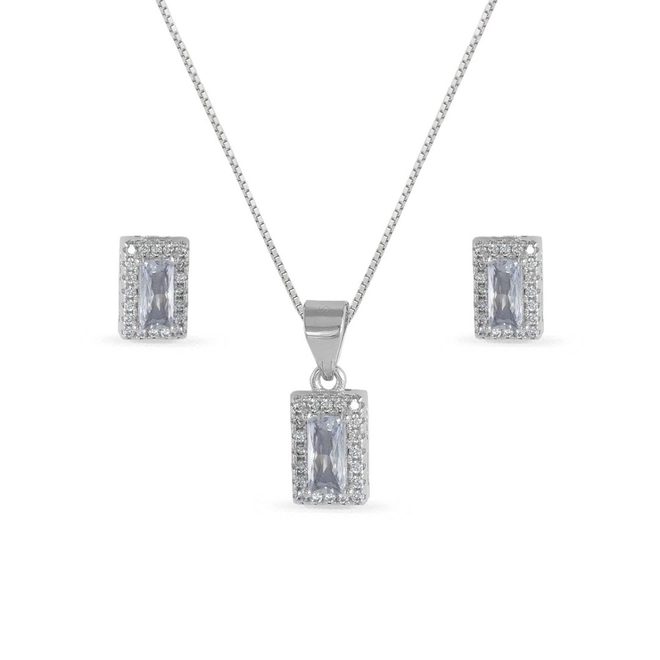 Gargantilha de Prata com Brincos Top e Pingente Retangular com Zircônias Cristal