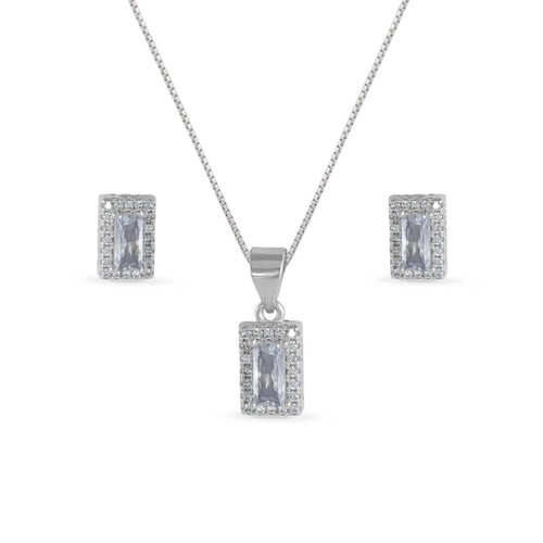 Gargantilha de Prata com Brincos Top e Pingente Retangular com Zircônias Cristal