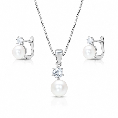 Gargantilha com Brincos e Pingente de Pérola Biwa e Zircônia Cristal